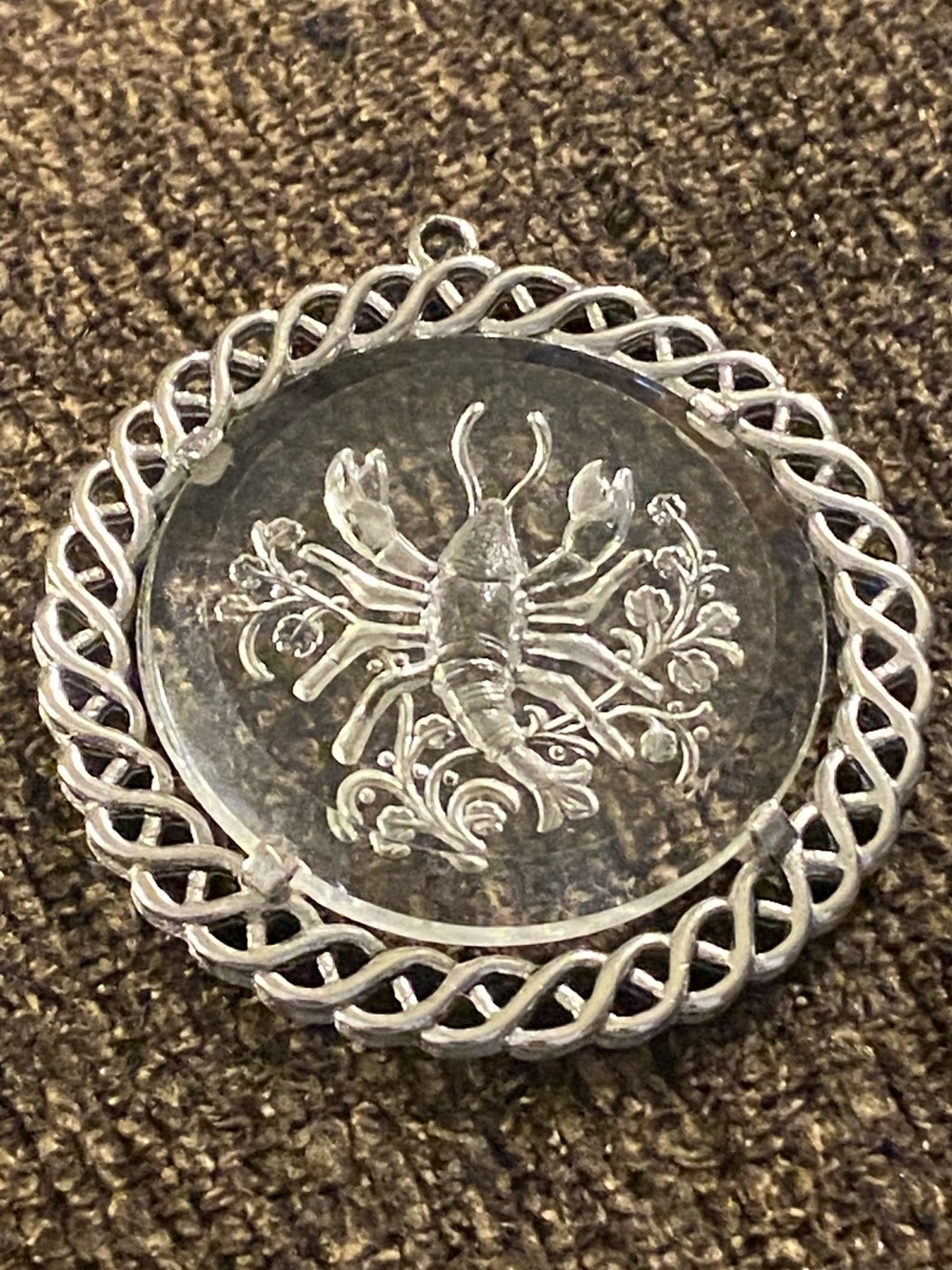 Vintage Crown Trifari Reverse Pendant
Intaglio Cancer Zodiac